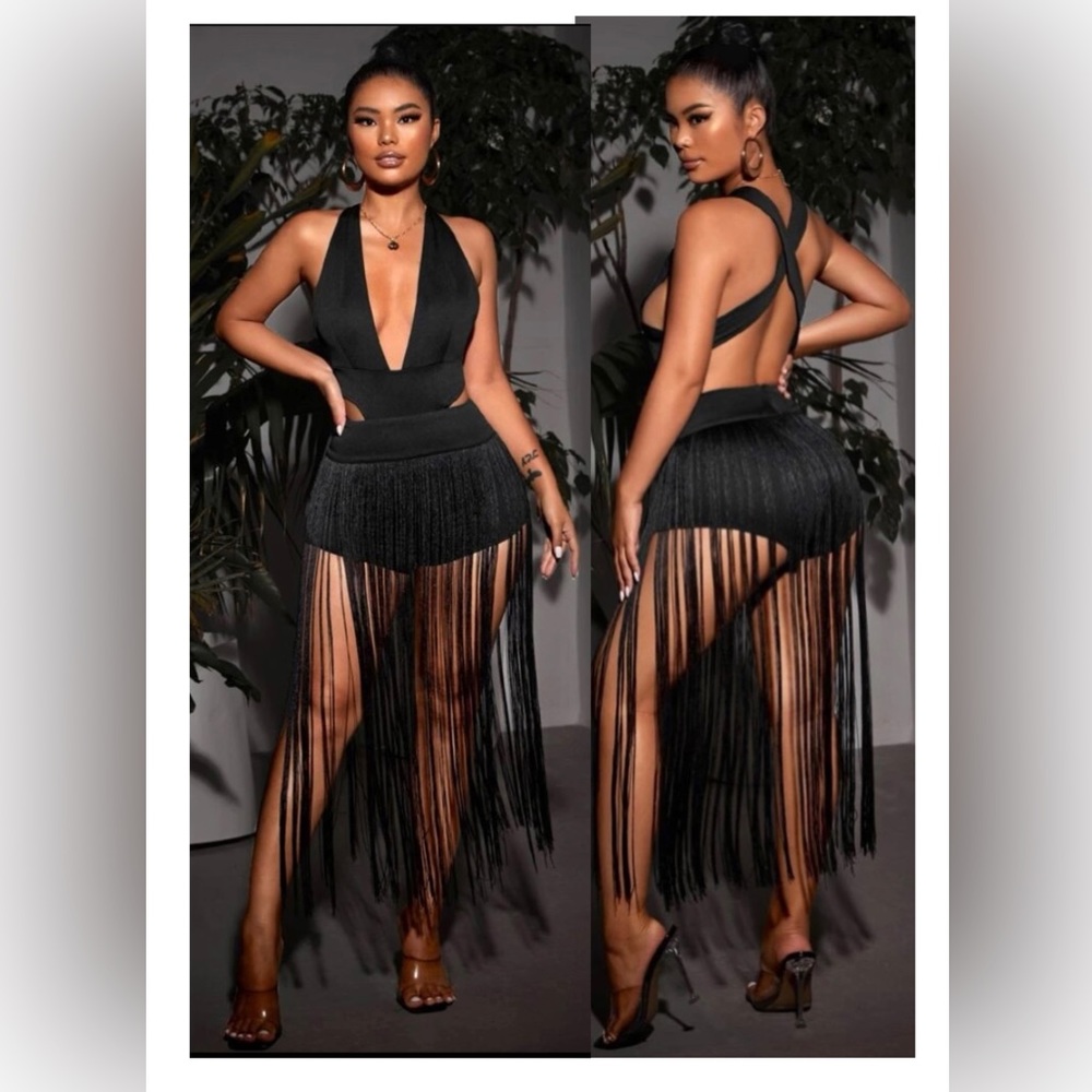 Crisscross Backless Tassel Trim Romper